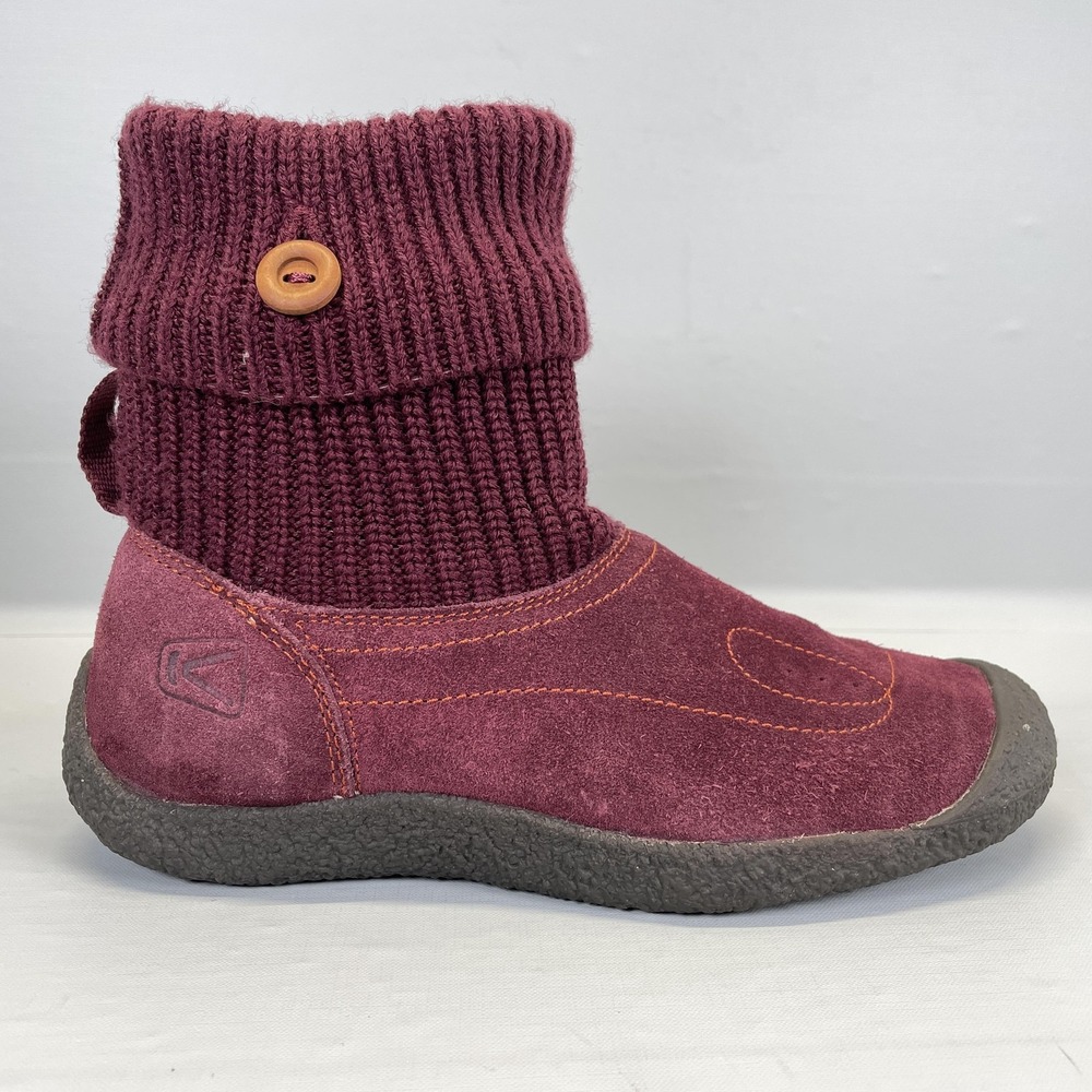 Keen Shay Boots Womens Size 6.5 Burgundy Suede Knit Cuff Button Ankle Warm Cozy